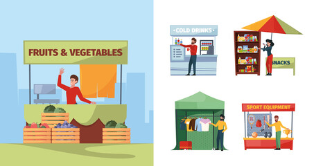 Street vendors. Marketplace people selling products on street urban vendors fast shopping garish vector cartoon person