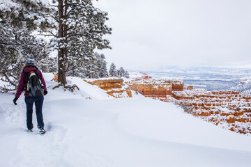 Hiker girl in winter in Bryce Canyon National Park, United States Of America