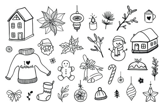 Christmas doodles isolated on white. Vector Christmas doodles. Houses, snowman, gingerbread man cookie, decorations, flowers and pines.