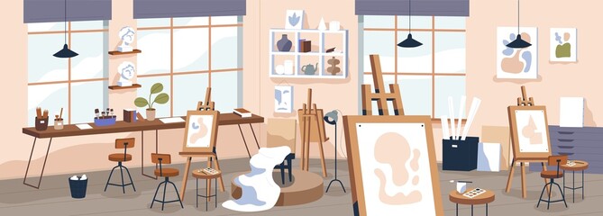 Painting atelier interior. Fine art studio with easels, canvas and podium. Artists creative class panorama. Modern workshop with equipment. Painters classroom. Flat vector illustration of workroom - obrazy, fototapety, plakaty