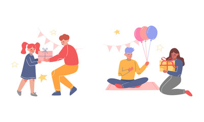 Joyful Teen Boy and Girl Celebrating Birthday Giving Gift Box Vector Set
