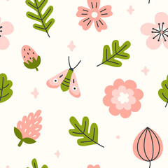 Abstract floral baby pattern with butterfly, flower and leaves. Seamless vector print for fabric, textile, wrapping paper, apparel, nursery.
