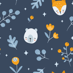 Dark evening floral pattern with sleepy animals head. Night flower, fox, bear baby print. Seamless texture for textile, fabric, apparel, nursery.