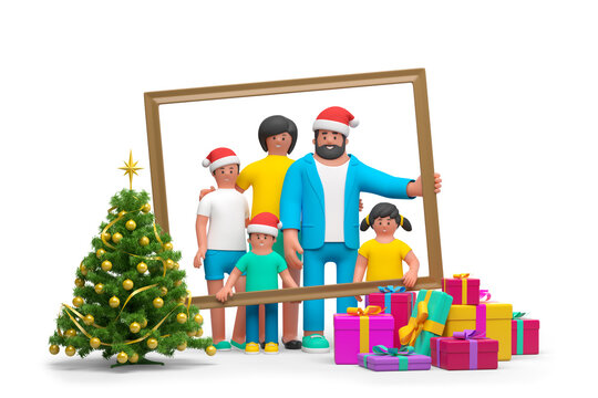 3D Happy Family in Santa hats portrait New Year concept. Children and parents inside picture frame with Christmas tree and gifts isolated on white background.