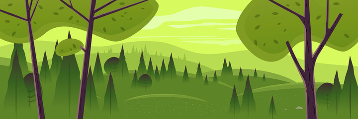 horizontal cartoon illustration of a green landscape