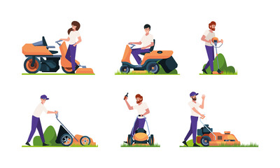 Green grass care. Characters gardeners working with lawn mowing machines tractors in garden garish vector cartoon background - obrazy, fototapety, plakaty