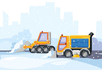 Snow cleaning city. Plowed snow blizzard urban services special vehicle on roads tracks with plow garish vector cartoon background