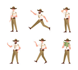 Rangers. Woods protection characters care weatherman scouts guard persons veterinary for zoo park adventure characters garish vector persons