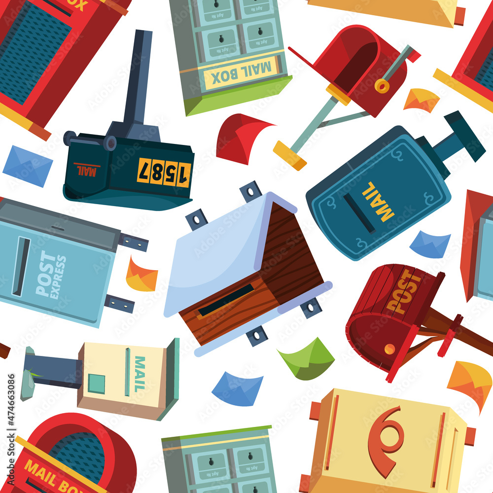 Poster mailboxes pattern. correspondence containers appartment colorful post boxes for letters garish vecto