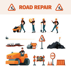 Road builders. Maintenance machine and support instrument tools for repairing street road garish vector pictures set
