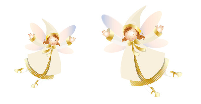 deux petites fées ailées sur fond blanc