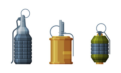 Grenade or Shell as Explosive Weapon Thrown by Hand Vector Set