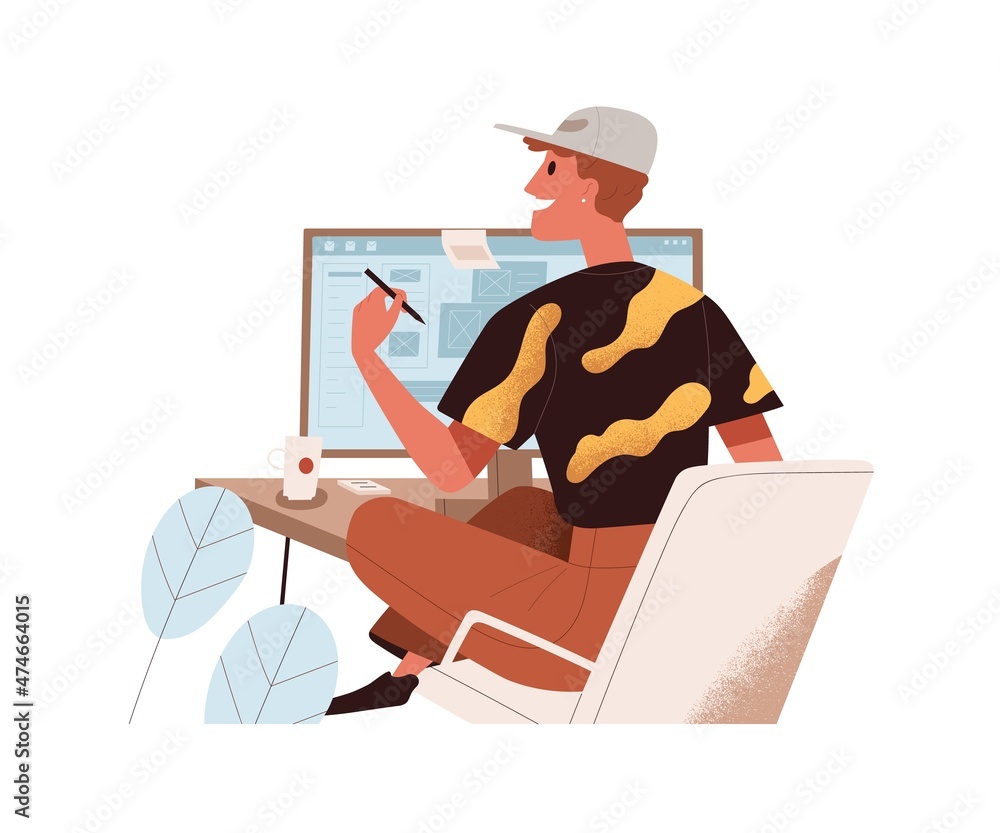 Poster Happy man work at desktop computer. Creative employee at modern workplace with table, PC and stylus. Back of smiling creator at office desk. Flat vector illustration isolated on white background