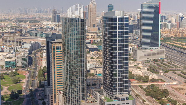 Aerial view of media city and al barsha heights district area timelapse from Dubai marina.