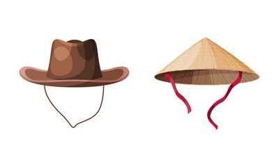 Straw Hat as Brimmed Woven Headdress with Conical Asian and Cowboy Hat Vector Set - obrazy, fototapety, plakaty