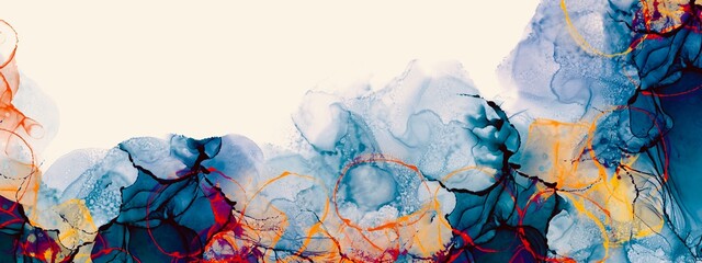 Blue and orange illustration, fluid abstract background made with alcohol ink texture, modern watercolour painting, liquid wallpaper for print