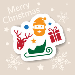 Merry Christmas icon. Holiday xmas symbols. Isolated sticker. Happy new year icons, web banner. Flat vector illustration. Santa, deer, gift box, sled