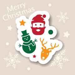 Merry Christmas icon. Holiday xmas symbols. Isolated sticker. Happy new year icons, web banner. Flat vector illustration. Santa, snowmen, deer