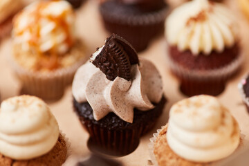 Kleiner Cupcake mit Keks als Dekoration in Bäckerei