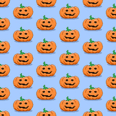 colorful simple vector pixel art seamless pattern of cartoon smiling traditional halloween pumpkin