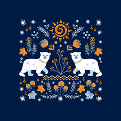 Polar North Symbols. Polar bear, cloudberries, sun, flowers, snowflakes. A beautiful night in Alaska.