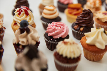Viele kleine bunte verschiedene Cupcakes mit Dekoration