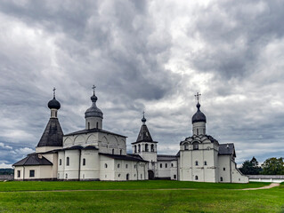 St. Martinian church, Nativity of the Virgin cathedral, bell tower and Annunciation church. Ferapontov monastery, Vologda region, Russia