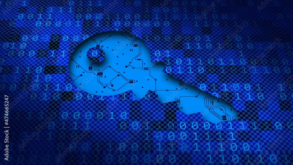 Poster security concept - stylized key cut out of binary code surface - 3d illustration