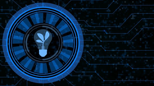 Green energy renewable eco saving ecology concept - plant in lightbulb inside HUD elements on digital technology background - 3D illustration