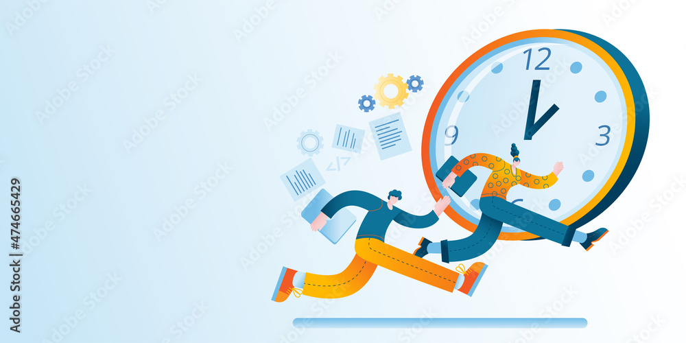 Poster a man and a woman try to catch up with the clock. concept of a vector illustration on the topic of t