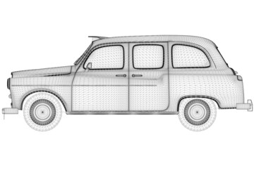 Wireframe of a retro car from black lines isolated on a white background. Side view. 3D. Vector illustration