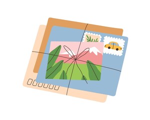 Envelopes stack with stamps and postcard from journey. Paper correspondence tied with string. Mail with post card and letter from trip. Colored flat vector illustration isolated on white background
