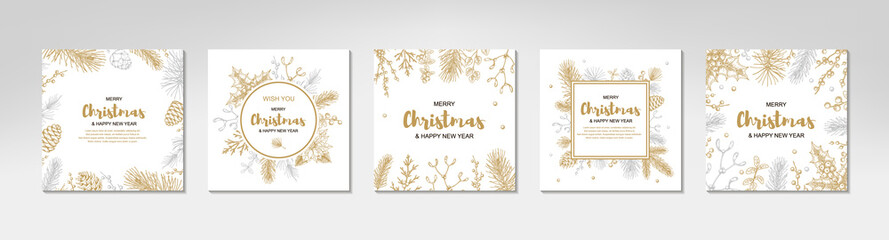 Set of Merry Christmas and happy New Year greeting cards with floral elements. Hand drawn vector illustration
