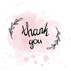 Hand drawn Thank you postcard. Greeting card. Ink illustration on watercolor background.