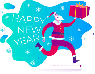 Santa Claus runs on his feet and carries a gift in his hand. Delivery of gifts.Express delivery of parcels, food, online shopping. Congratulations to Santa. Christmas story, new year poster. 