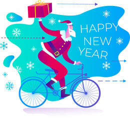 Santa Claus rides a bicycle and carries a gift in his hand. Delivery of gifts. Express delivery of parcels. Express food delivery, online shopping. Congratulations to Santa. Christmas story, new year 