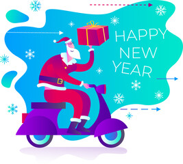 Santa Claus rides a motorbike and carries a gift in his hand. Delivery of gifts. Express delivery of parcels, food, online shopping. Congratulations to Santa. Christmas story, new year poster. 