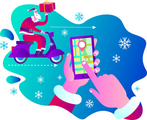 Santa Claus is looking at the navigation map. Delivery of gifts. Express delivery of parcels, food, online store. Congratulations to Santa. Festive surprise. New Year's poster.