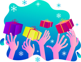 Hands reach for gifts. Lots of gift boxes. New Year's surprises. Express delivery of parcels, food, online shopping. Christmas story, Christmas poster. Holiday surprise. Flat vector illustration.