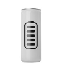 Can of energy drink with picture of fully charged battery on white background