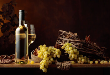 White wine and bunch of grapes.