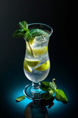 Mojito cocktail with ice, lime, and mint.