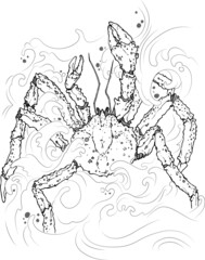 king crab on the background of waves