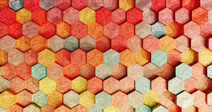 Abstract colorful style acrylic paint or oil hexagon texture pattern background. 3d rendering. Wrapping paper.