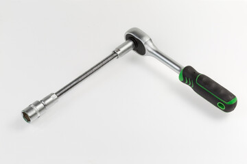 Ratchet wrench with inserted hexagonal socket via long flexible adapter