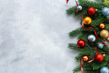Naklejka na ściany i meble Christmas and New Year festive flat lay with xmas tree and baubles