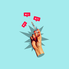 Contemporary art collage of female hand holding syringe with like icons above isolated over blue...