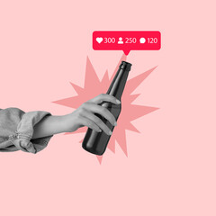 Art collage with female hand holding beer bottle with social media like, follower and comment icons...
