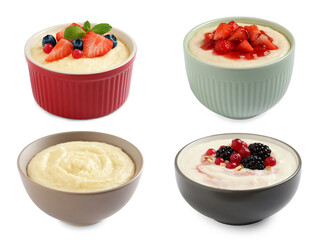 Set with delicious semolina puddings on white background
