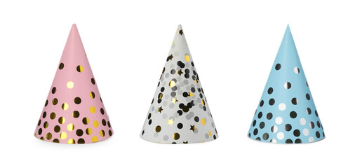 Set with different party hats on white background. Banner design